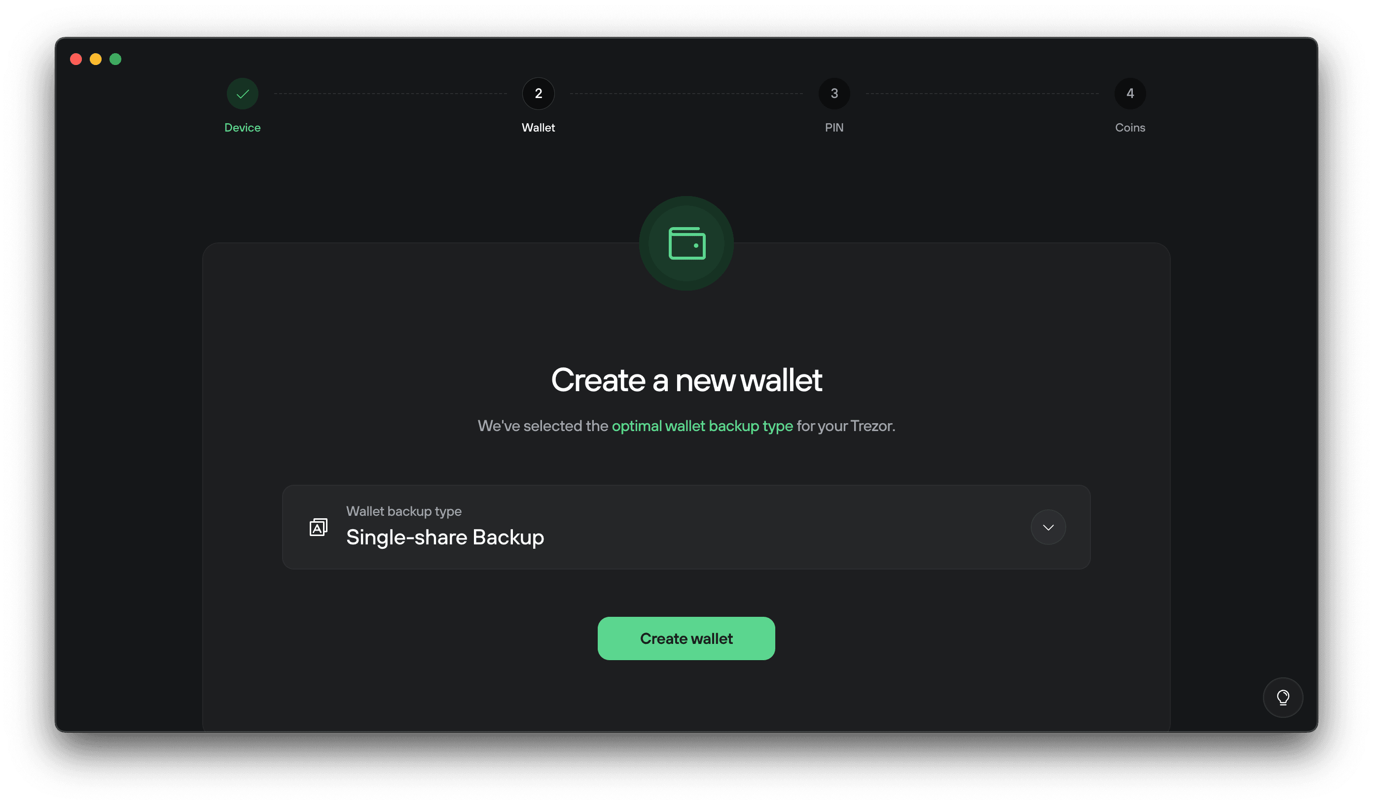 Trezor Suite screen prompting the user to create a new wallet, with Single-share Backup automatically selected as the recommended backup type and a Create wallet button to continue.