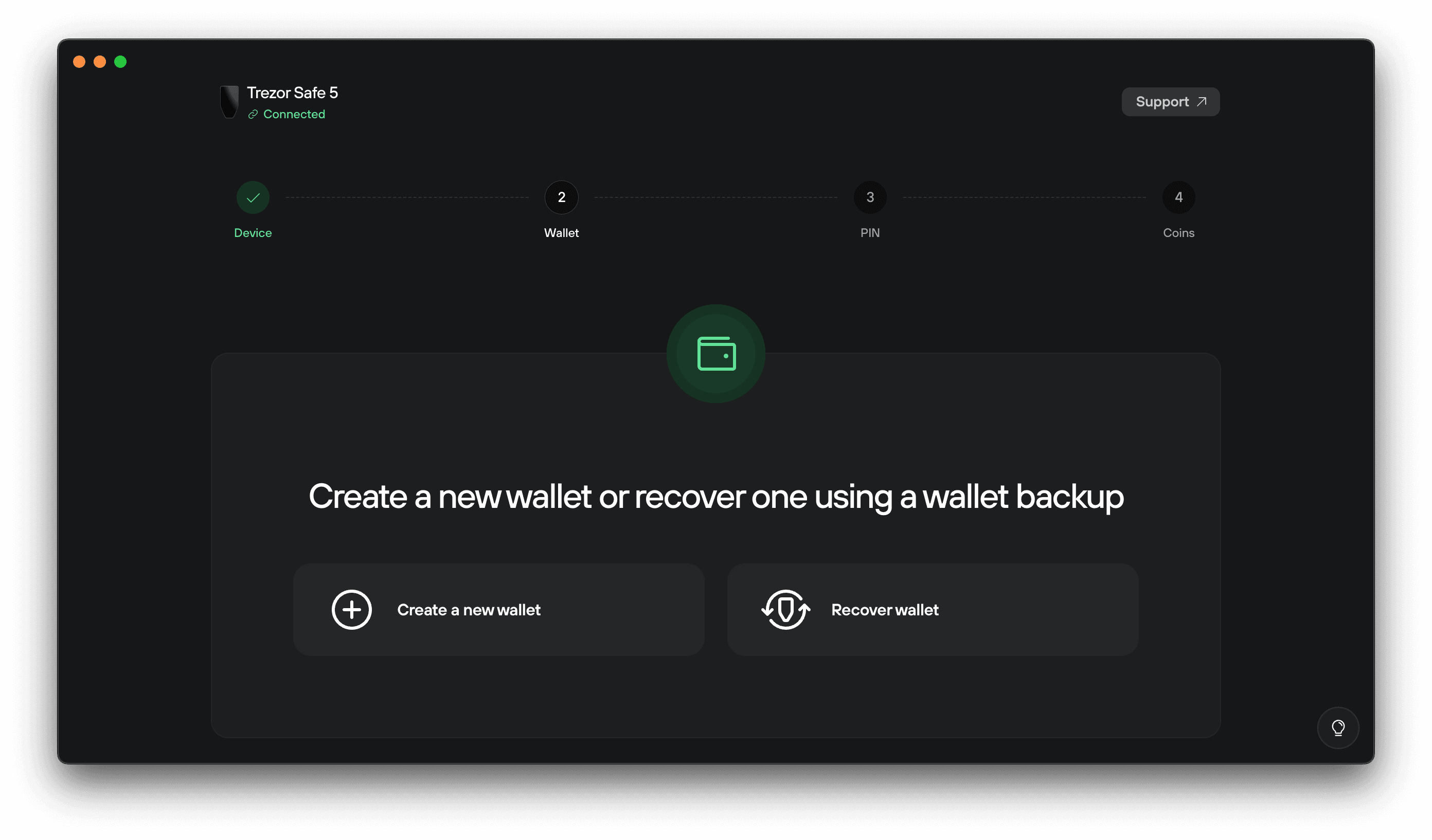 Trezor Suite screen prompting the user to either Create a new wallet or Recover wallet, shown after device verification in the setup flow.