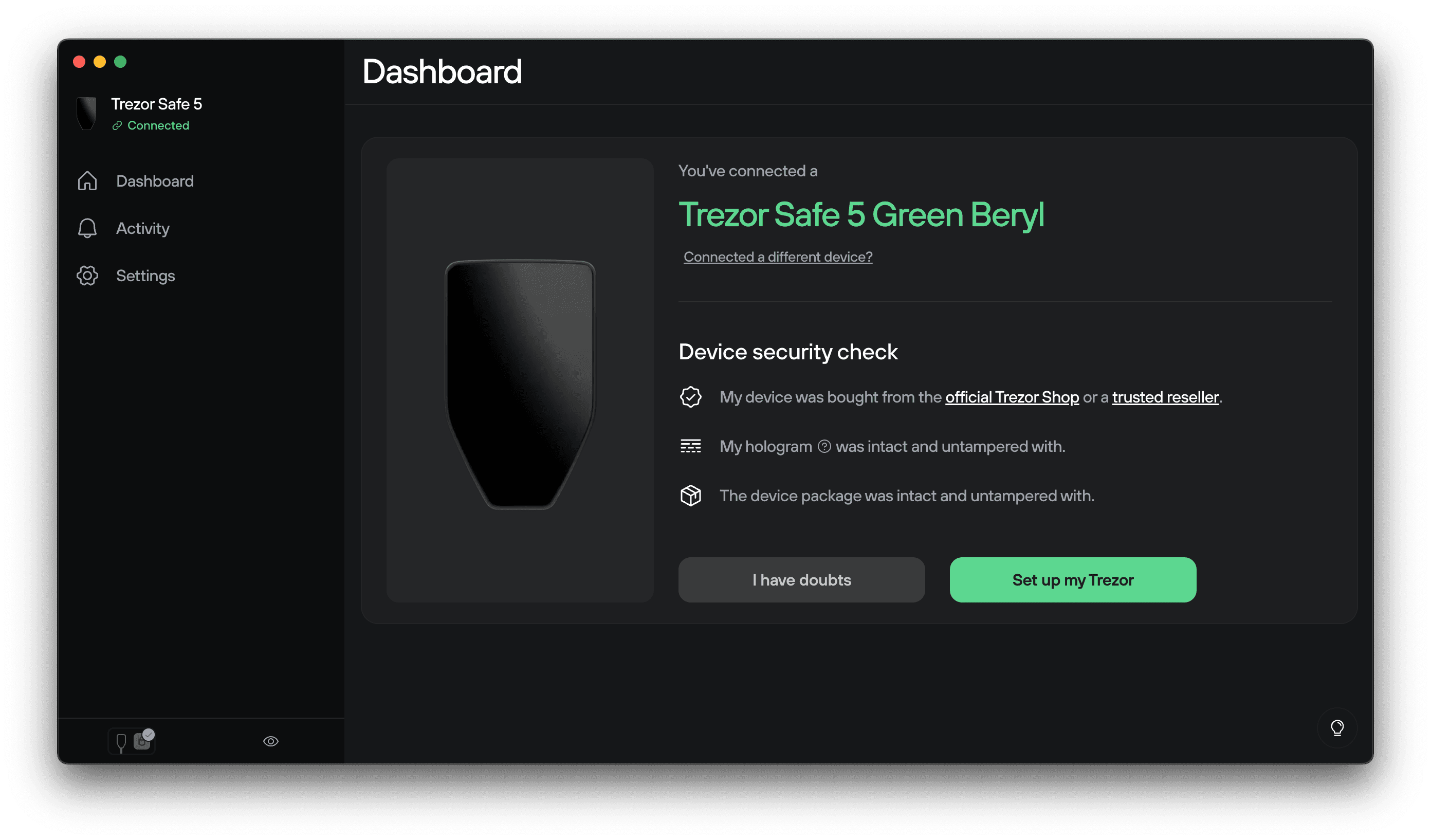 Trezor Suite dashboard showing a connected Trezor Safe 5 device with a device security check and a Set up my Trezor button