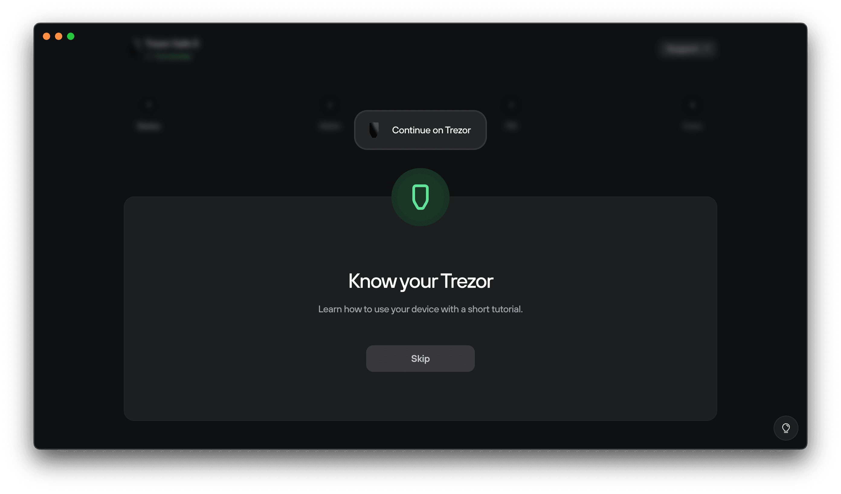 Trezor Suite screen offering a short tutorial titled Know your Trezor, with a Skip button to bypass it and a prompt to continue on the connected device.