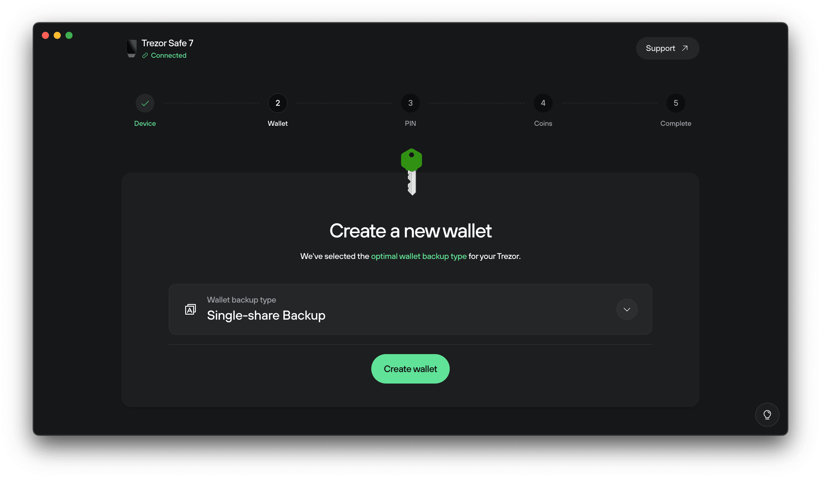 Trezor Suite screen showing “Create a new wallet” with Single-share Backup selected and a green Create wallet button.