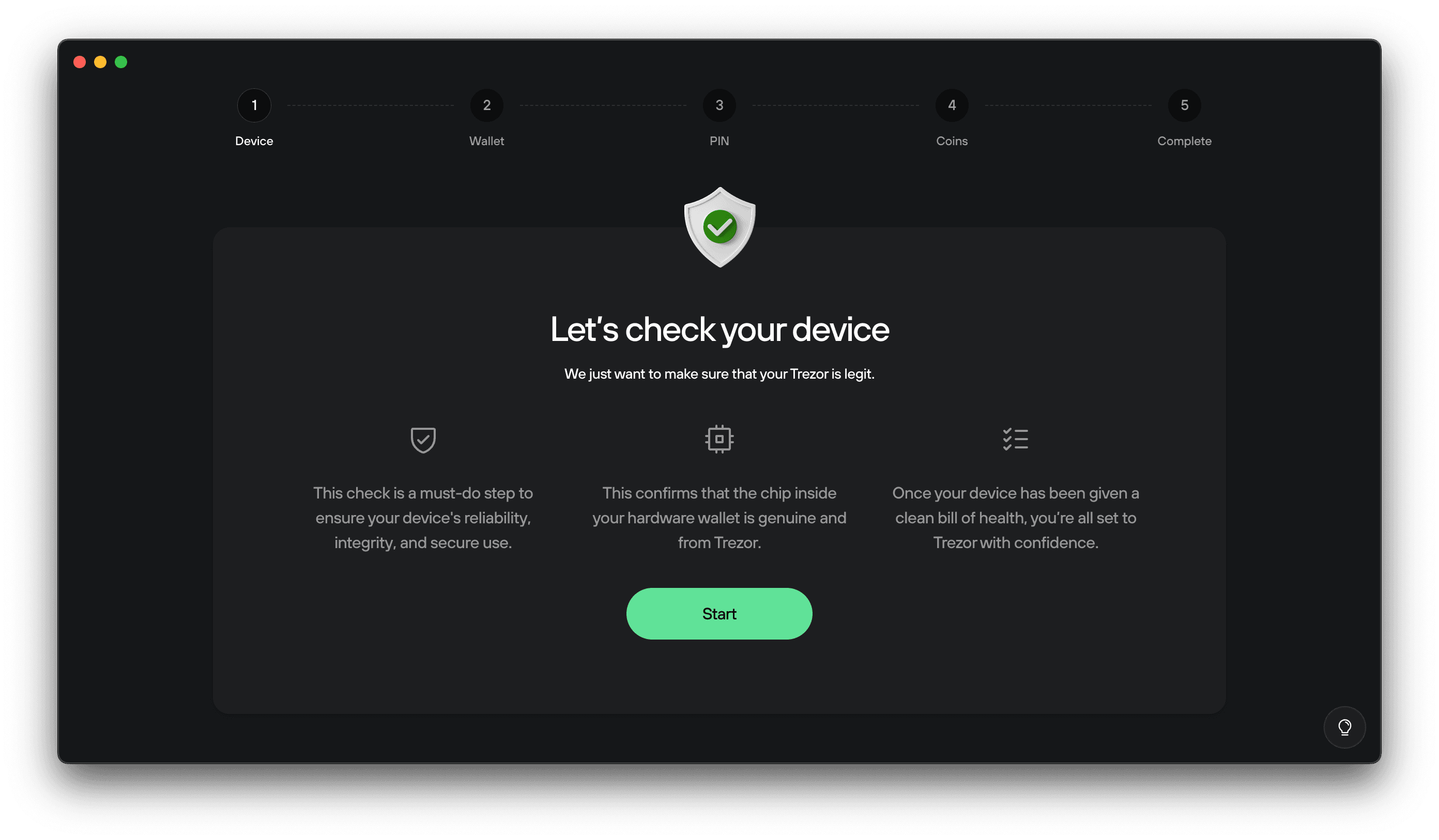 Trezor Suite screen titled “Let’s check your device” with a green check shield and Start button for authenticity verification.