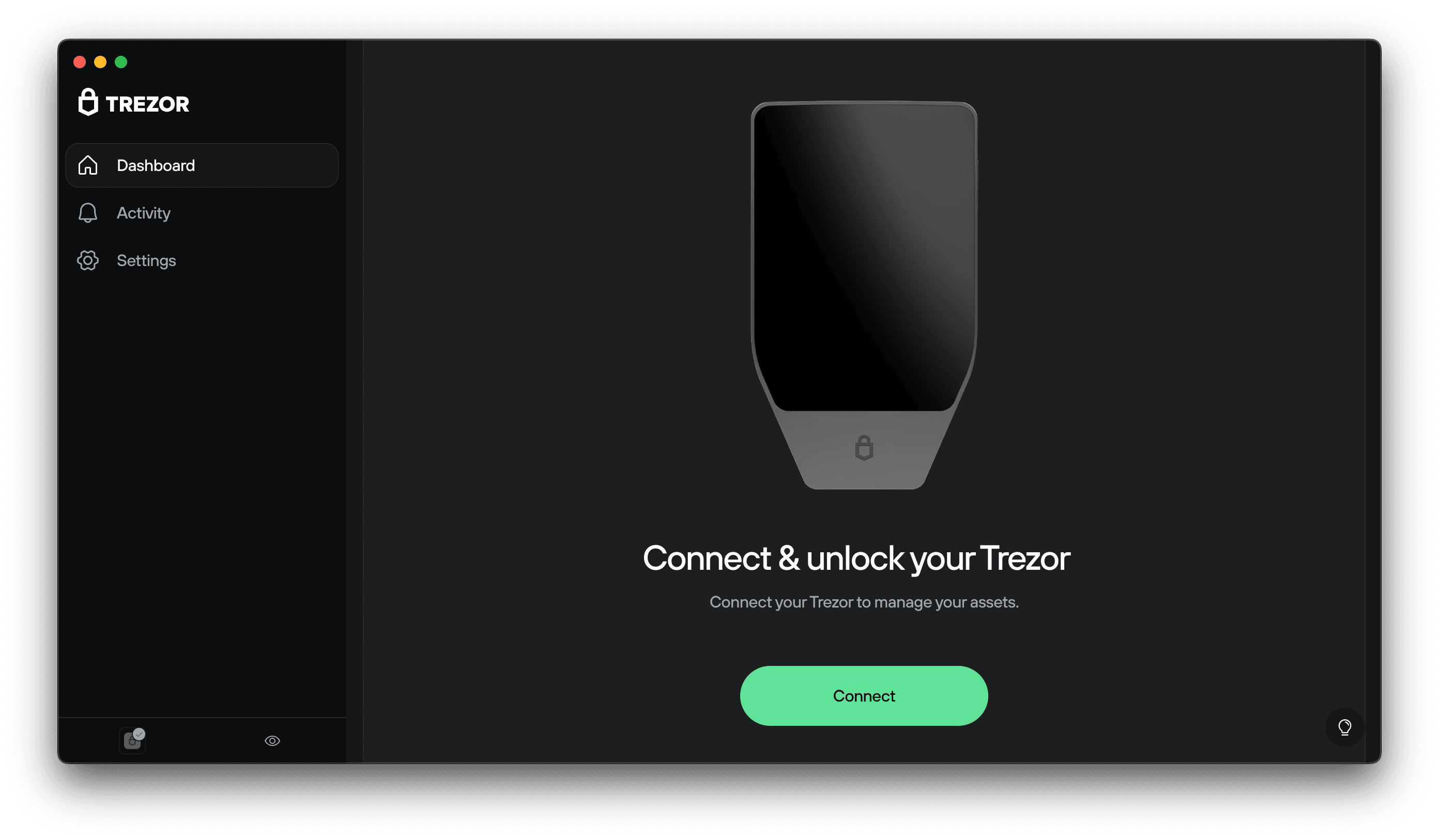 Trezor Suite desktop screen showing “Connect & unlock your Trezor” with a green Connect button and device illustration.