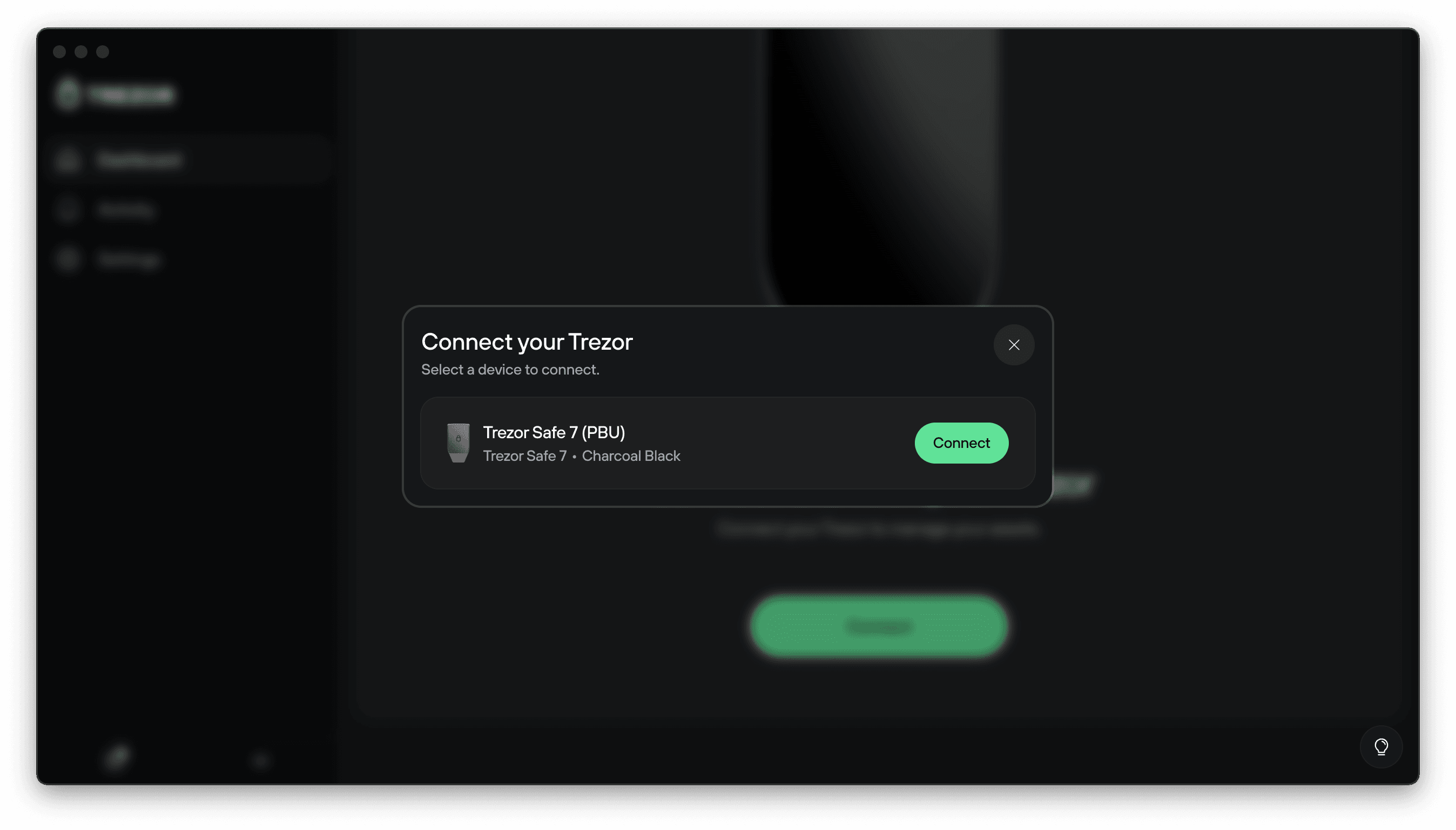 Trezor Suite desktop window showing “Connect your Trezor” prompt with Trezor Safe 7 listed and a green Connect button.