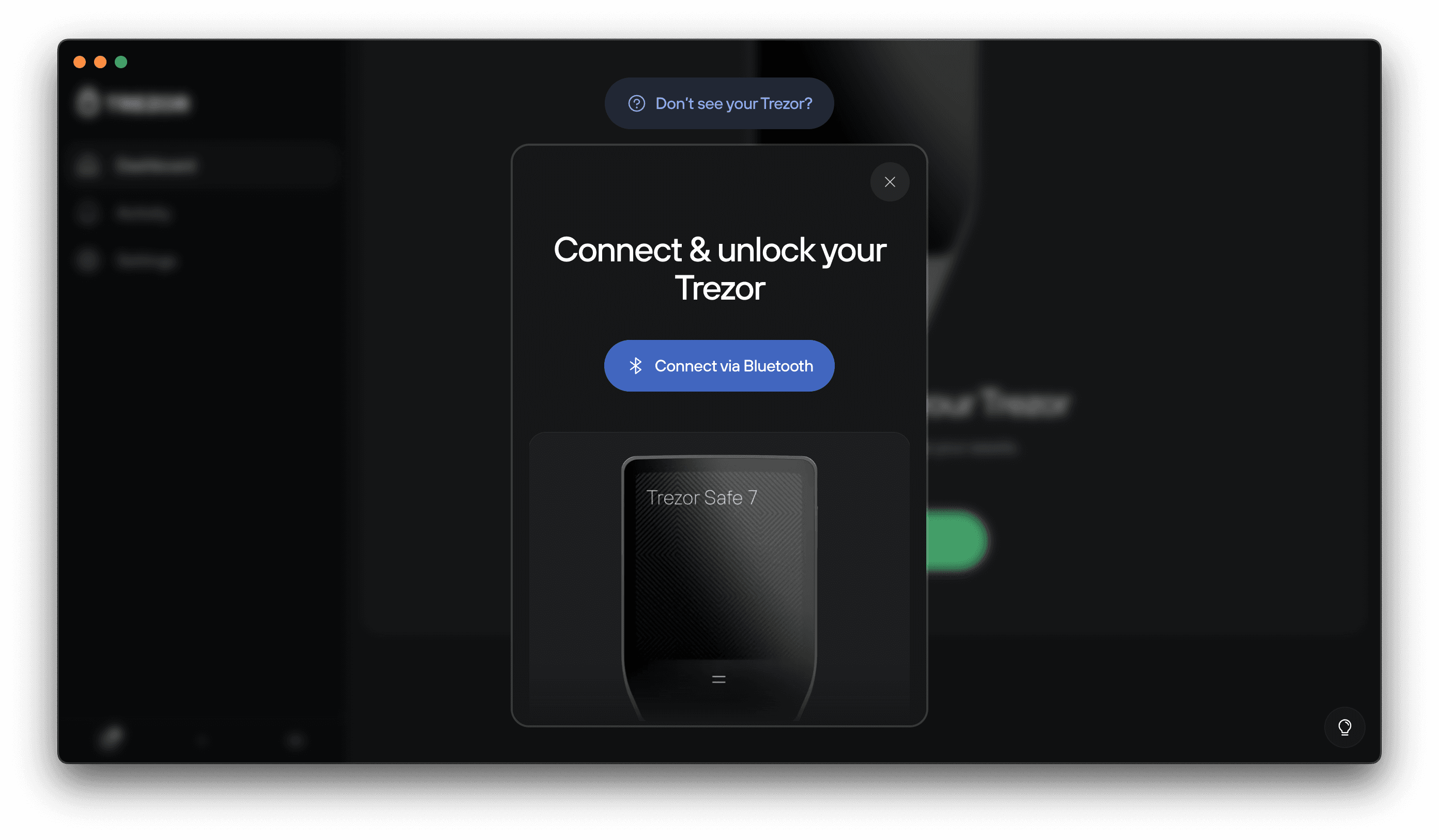 Trezor Suite Bluetooth pairing pop-up showing “Connect & unlock your Trezor” with a blue “Connect via Bluetooth” button and Trezor Safe 7 image.