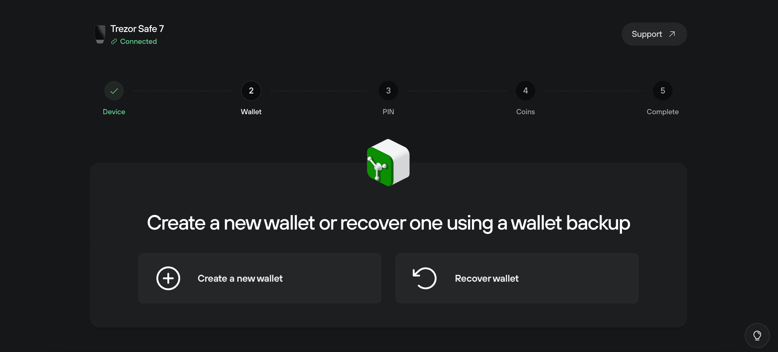 Trezor Suite screen showing “Create a new wallet or recover one using a wallet backup” with options to create or recover.