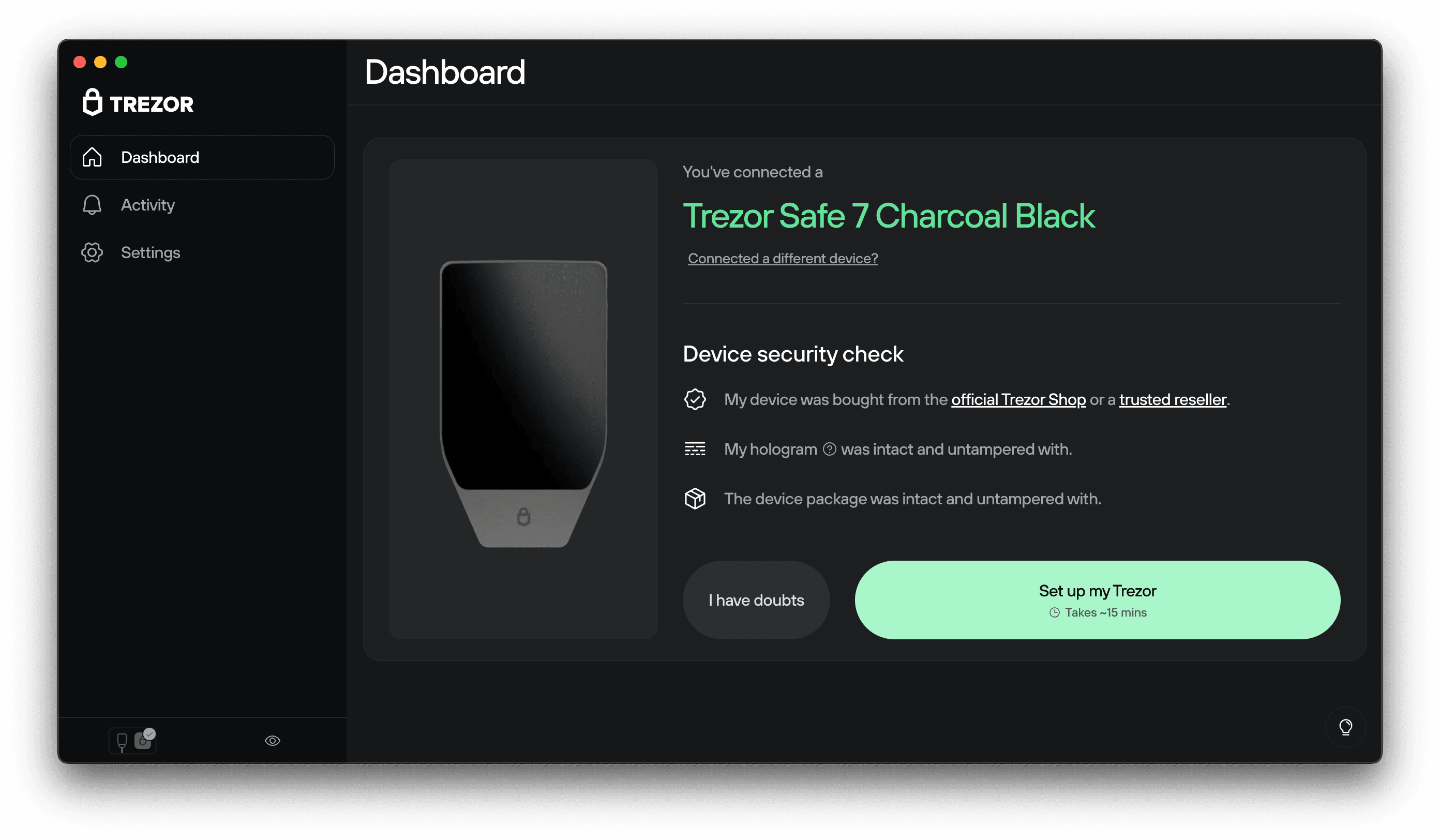 Trezor Suite dashboard showing Trezor Safe 7 Charcoal Black connected with a device security check and “Set up my Trezor” button.