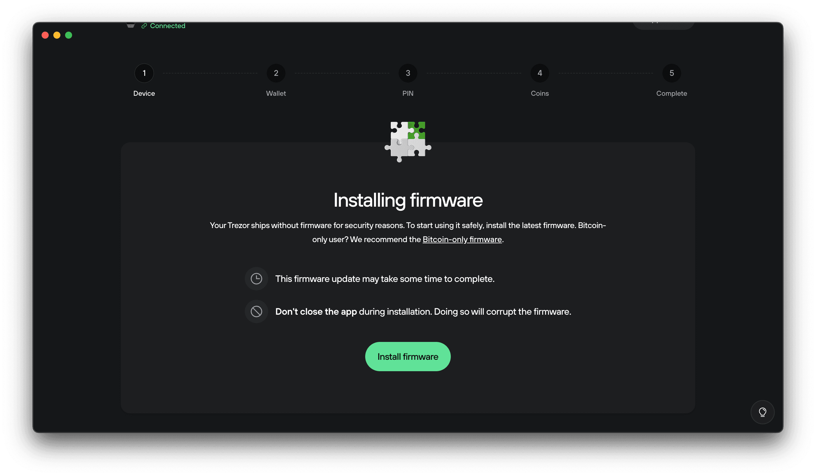 Trezor Suite screen showing firmware installation step with a puzzle icon and green “Install firmware” button.