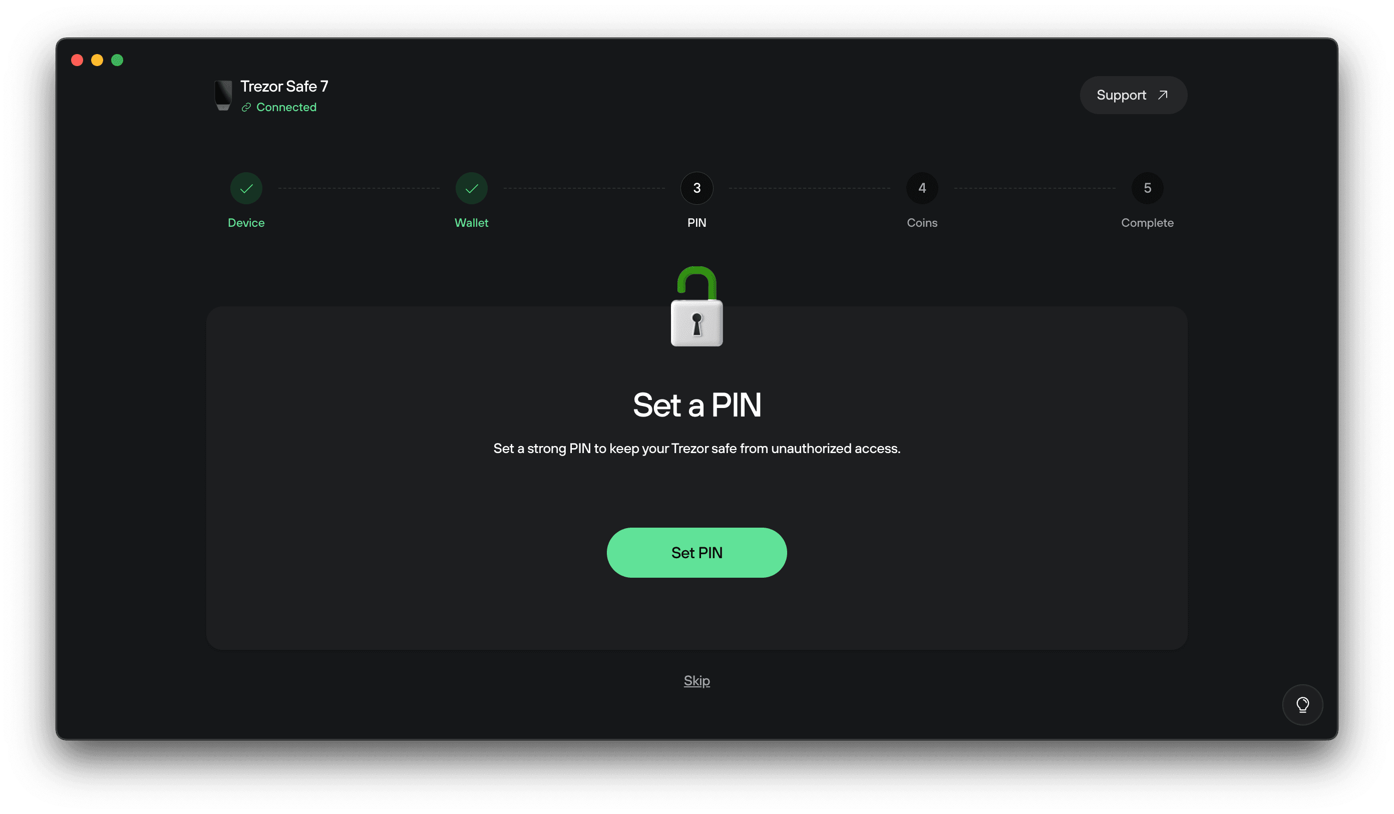 Trezor Suite screen showing “Set a PIN” with an unlocked padlock icon and green Set PIN button.