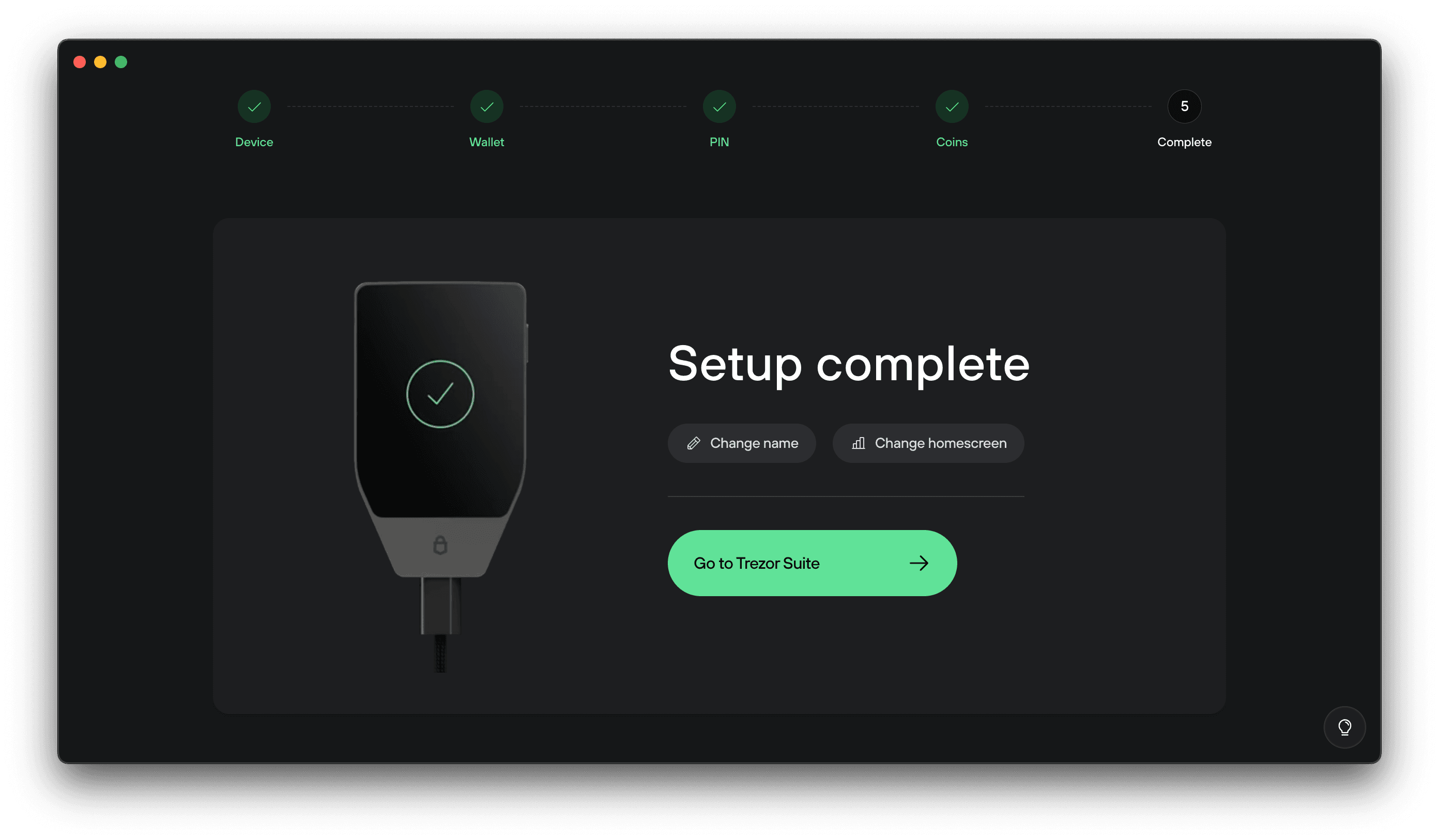 Trezor Suite screen showing “Setup complete” with a connected Trezor device illustration and green Go to Trezor Suite button.
