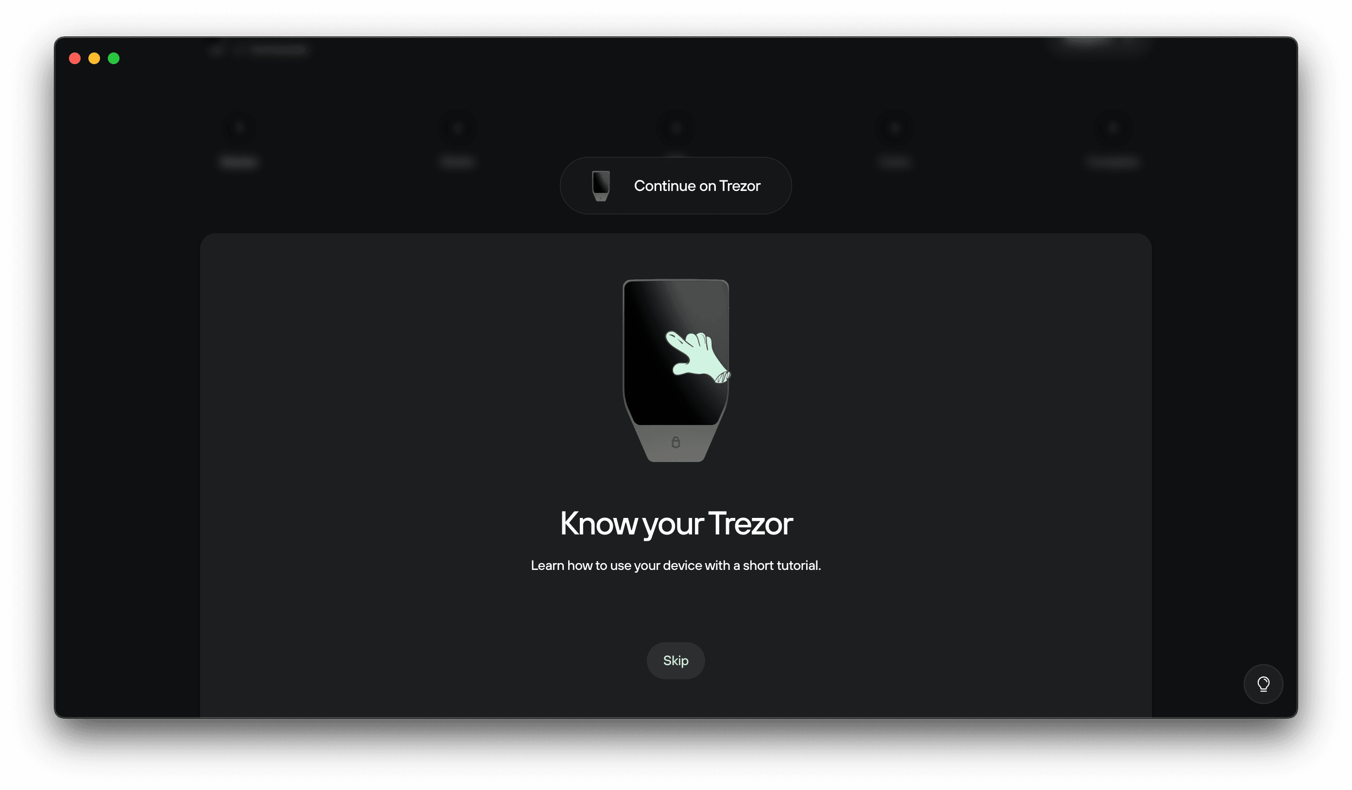 Trezor Suite screen prompting “Know your Trezor” with a hand icon on the device and options to continue or skip the tutorial.