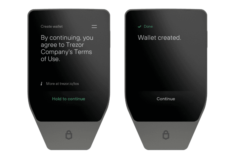 Trezor Safe 7 screens showing wallet creation steps: agreeing to Terms of Use, then confirmation message “Wallet created.”