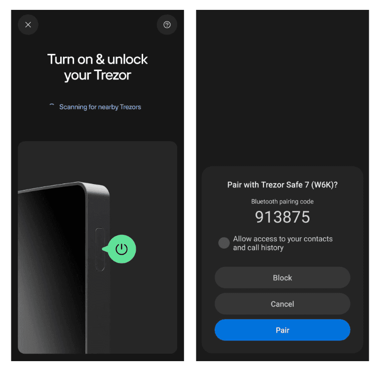Two mobile screens showing Bluetooth pairing setup for Trezor Safe 7, including power button highlight and pairing code entry.