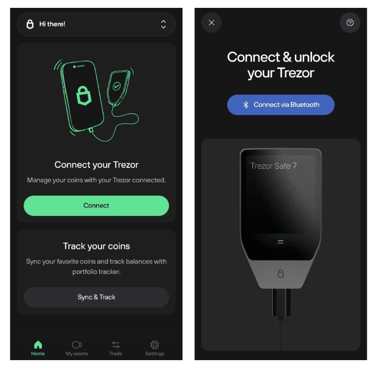 Two mobile screens prompting to connect or unlock Trezor via Bluetooth with green Connect buttons and device illustration.