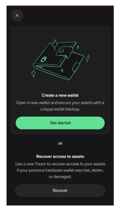 Mobile screen showing options to create a new wallet or recover access with green Get started and black Recover buttons.