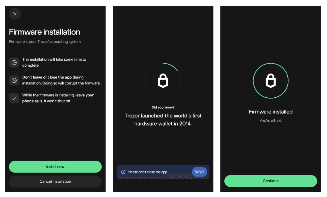 Three mobile screens showing firmware installation progress, with install instructions and confirmation once completed.