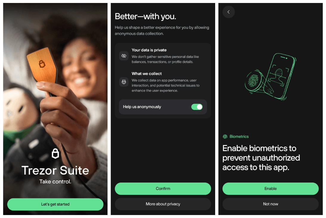 Three mobile screens showing Trezor Suite welcome, anonymous feedback consent, and biometric security enable options.