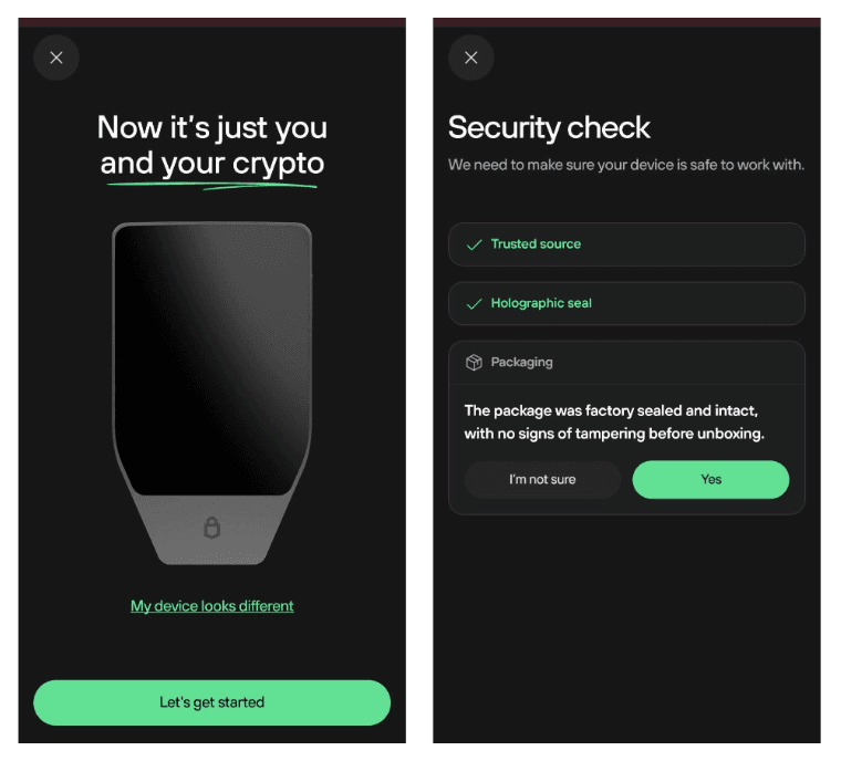 Two mobile screens showing “Now it’s just you and your crypto” and a Trezor security check with verified packaging and seal options.