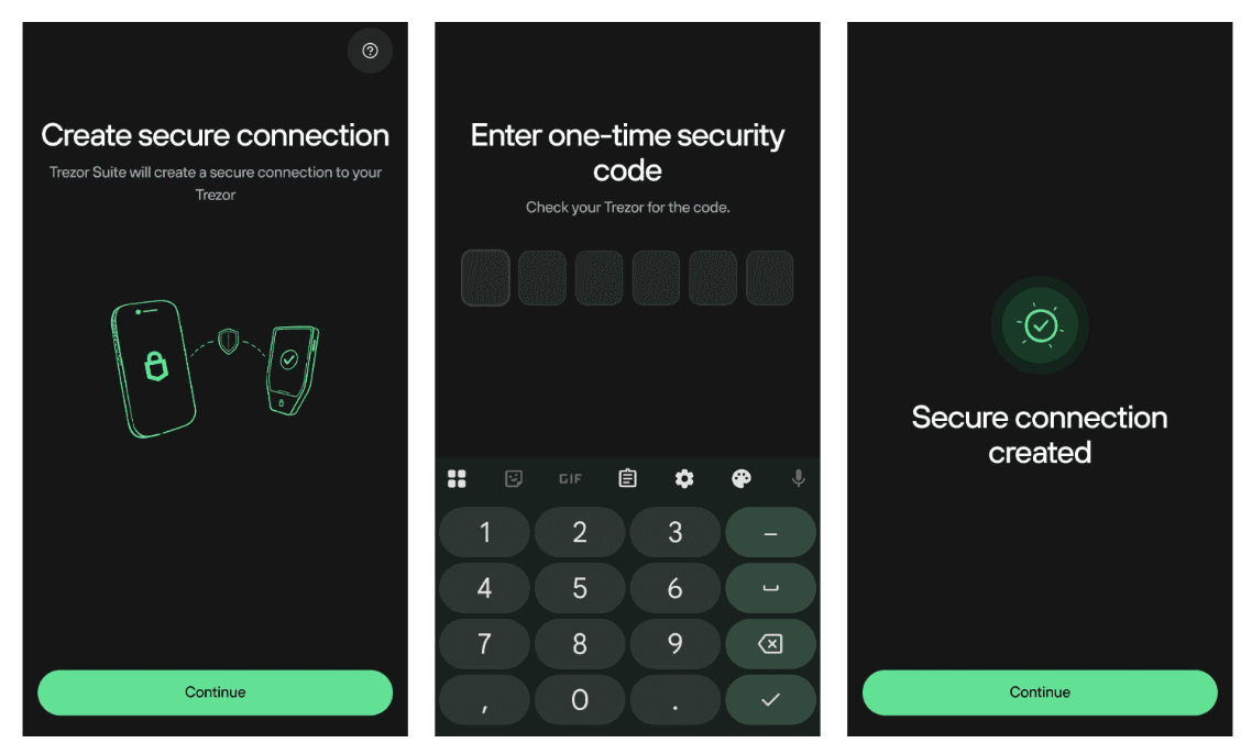 Two mobile screens showing Bluetooth pairing setup for Trezor Safe 7, including power button highlight and pairing code entry.
