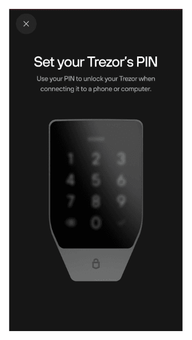 Mobile screen showing “Set your Trezor’s PIN” with a Trezor device displaying a numeric keypad for PIN entry.