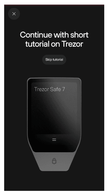 Mobile screen prompting to continue or skip a short tutorial on the Trezor Safe 7 device.
