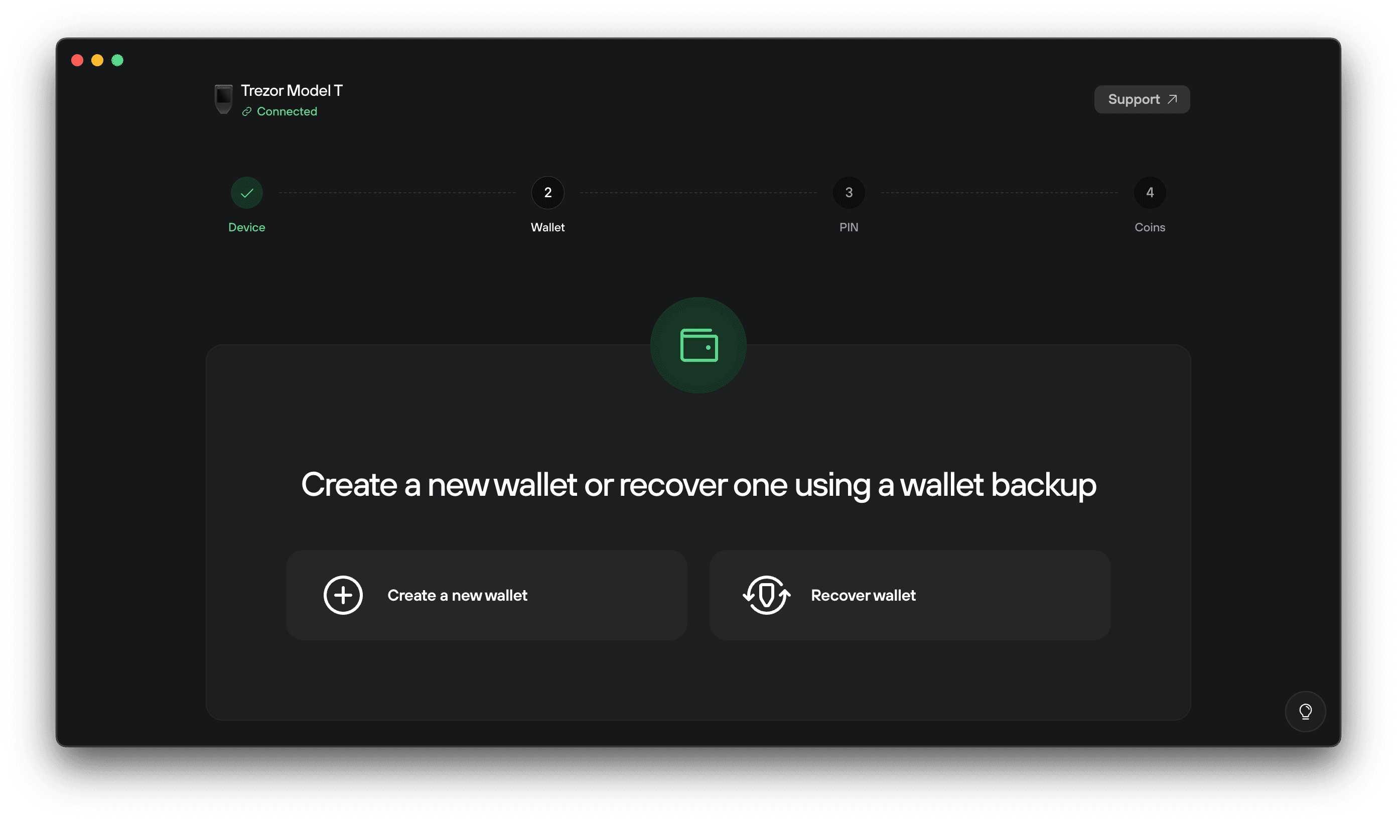 Setup screen prompting to create a new wallet or recover one with two large action buttons