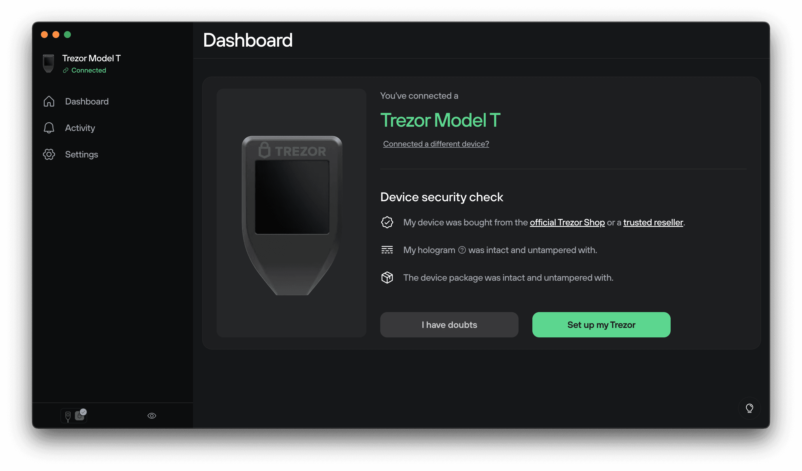 Dashboard showing a connected Trezor Model T with security check steps and a green Set up my Trezor button