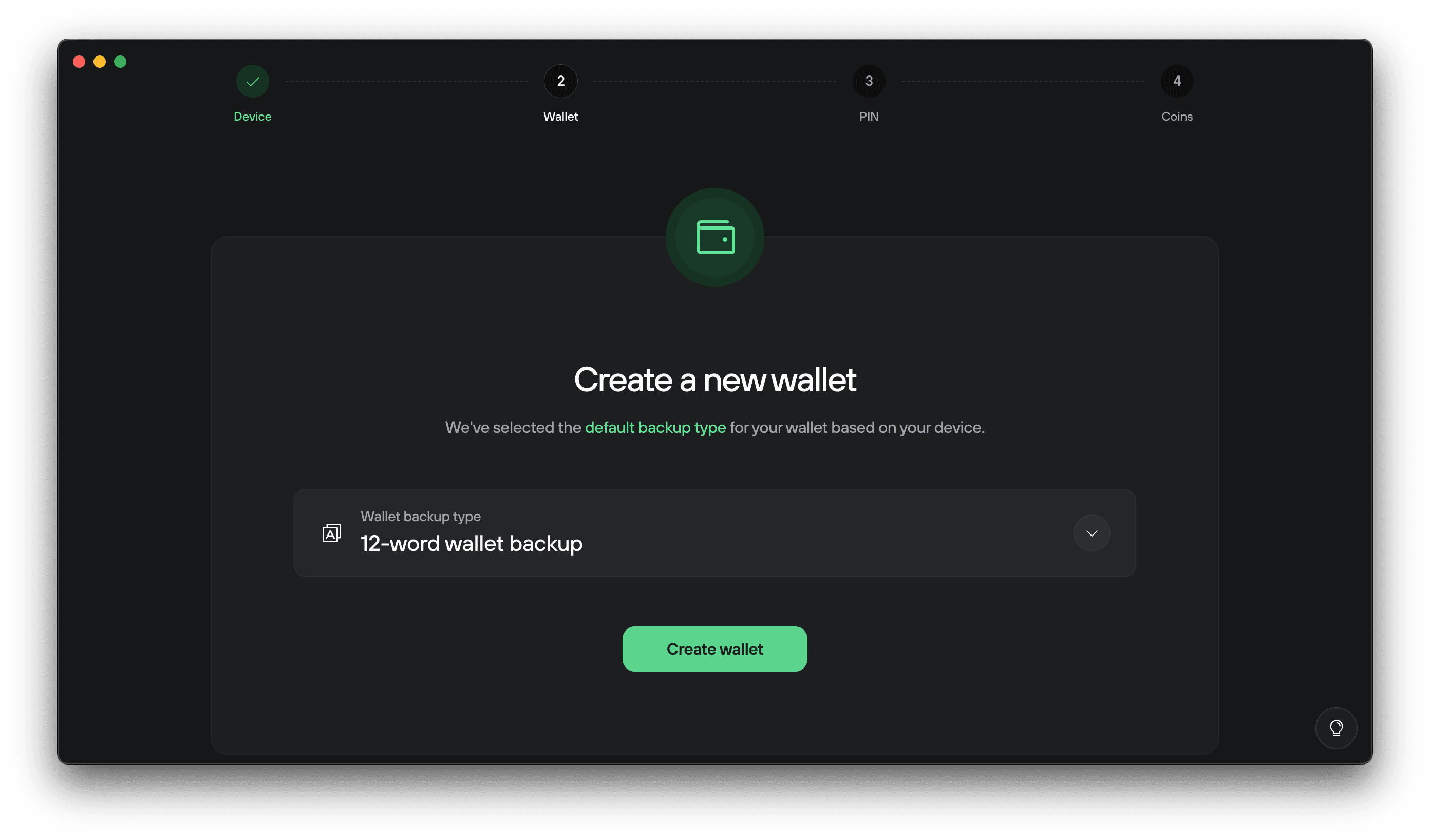 Create-wallet screen showing the selected 12-word backup type and a green Create wallet button