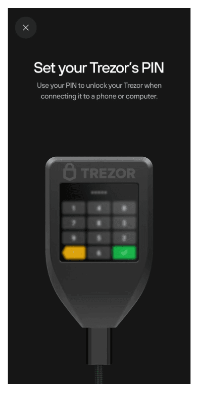 Trezor Model T device showing its PIN keypad during PIN setup
