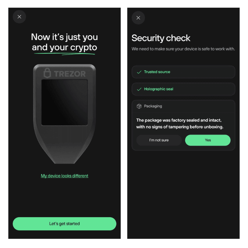 Security check screen listing trusted source, holographic seal, and packaging confirmation options