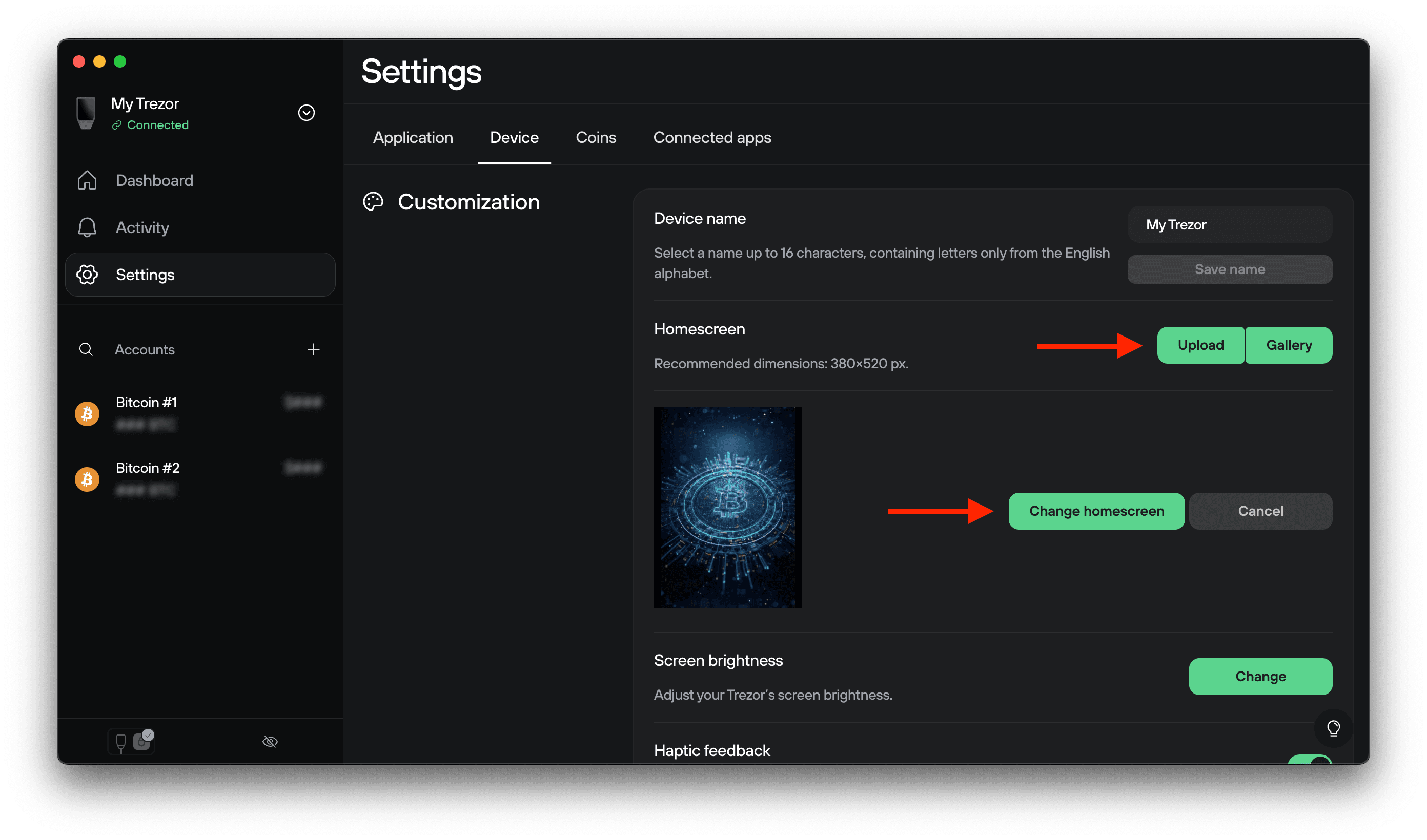 Trezor Suite device settings showing customization options with a Bitcoin-themed homescreen and Change homescreen button