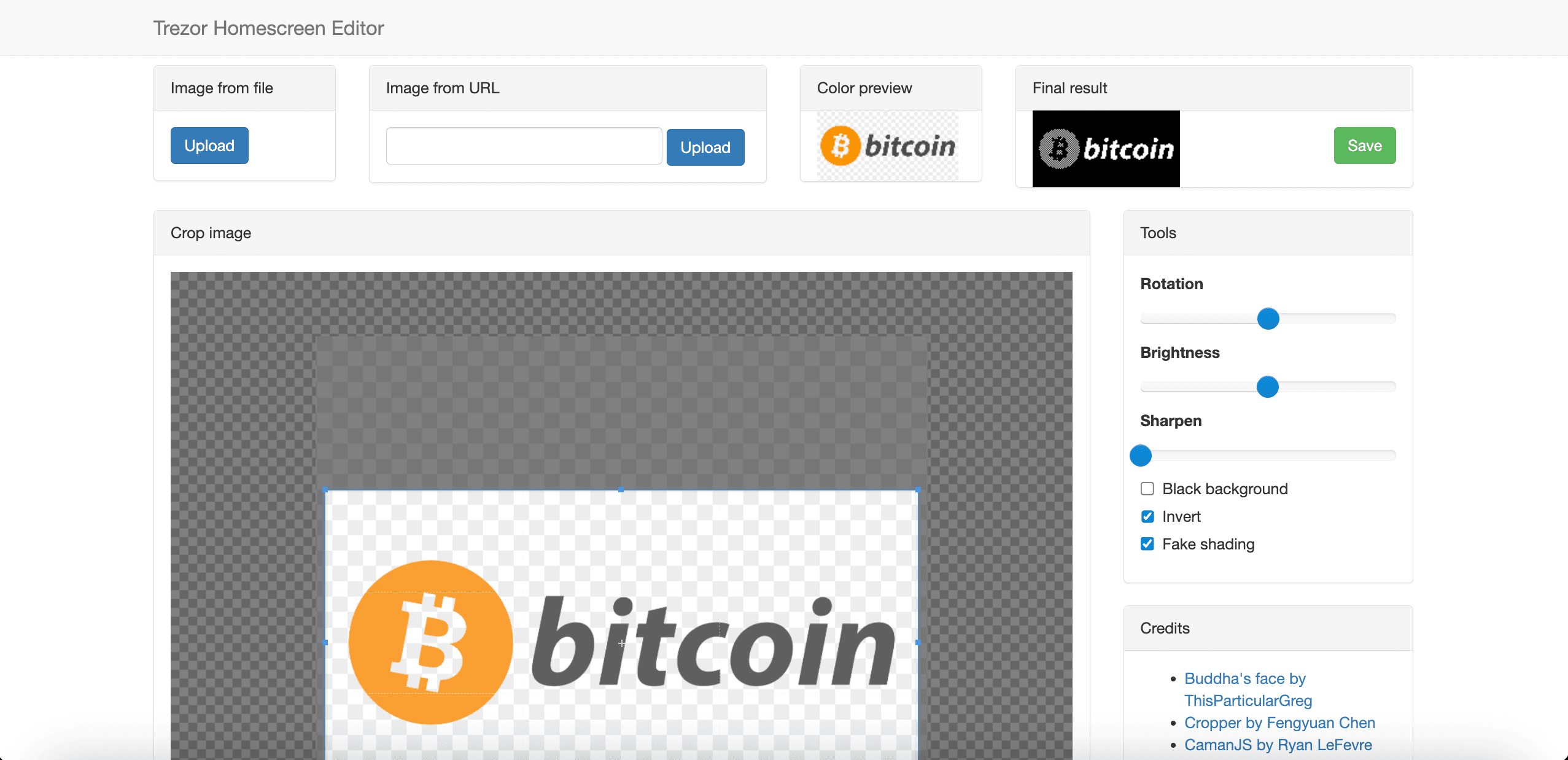 Trezor Homescreen Editor open in browser with Bitcoin logo being cropped and brightness, rotation, and sharpen tools on the side