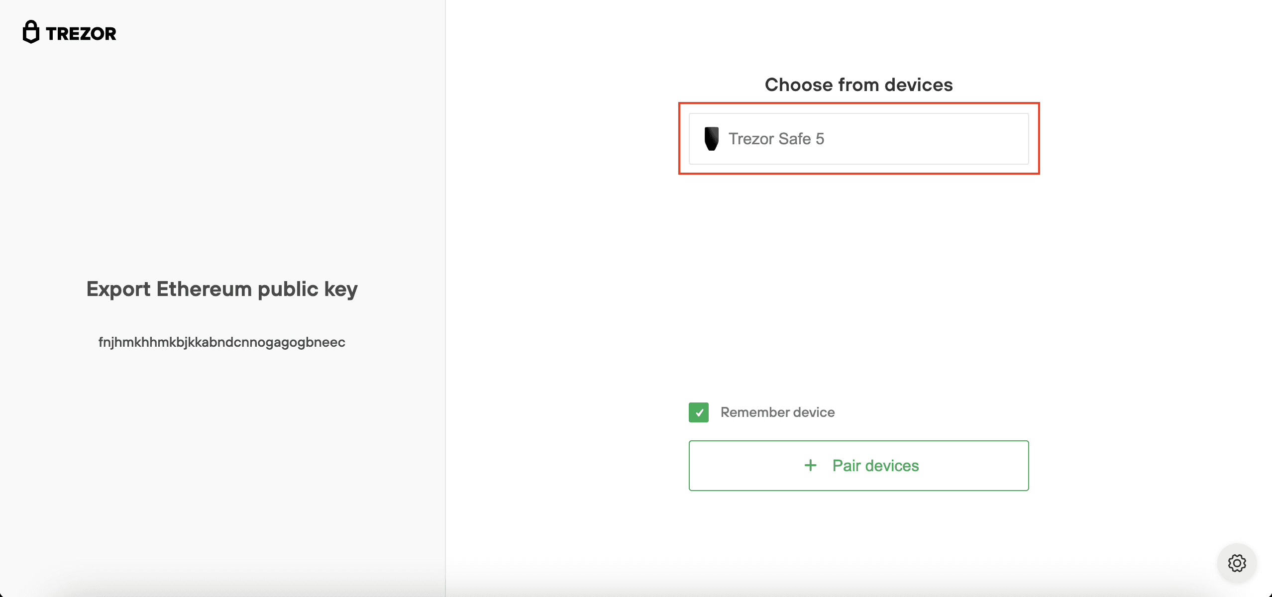 Trezor screen displaying a connected “Trezor Safe 5” device with the option to pair and remember the device checked.