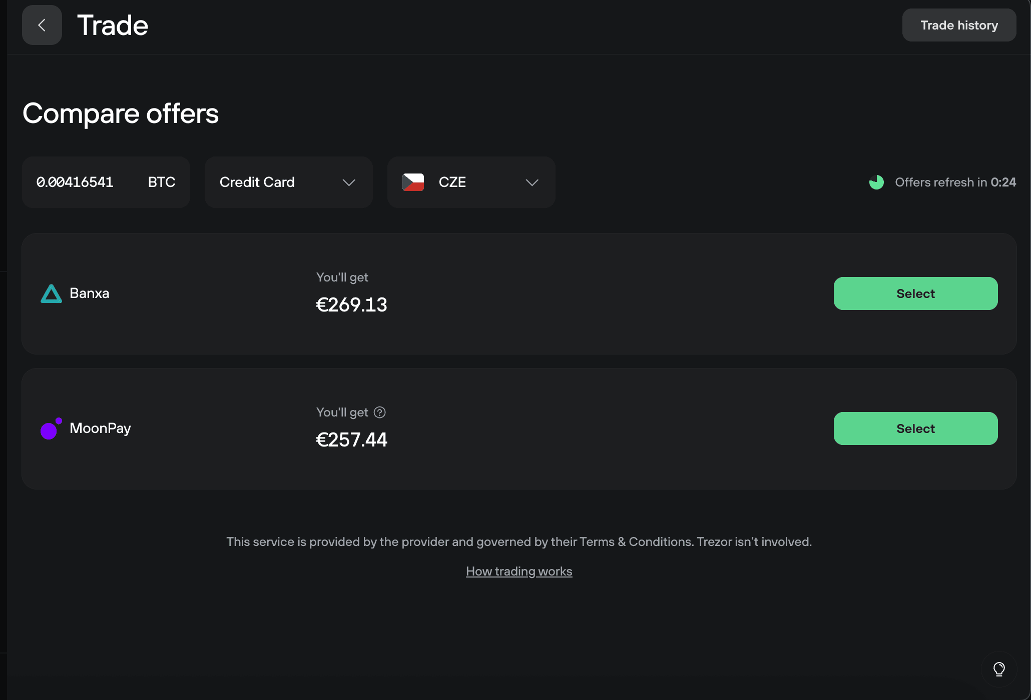 Compare offers page showing Banxa and MoonPay payouts for selling Bitcoin by credit card in Czechia