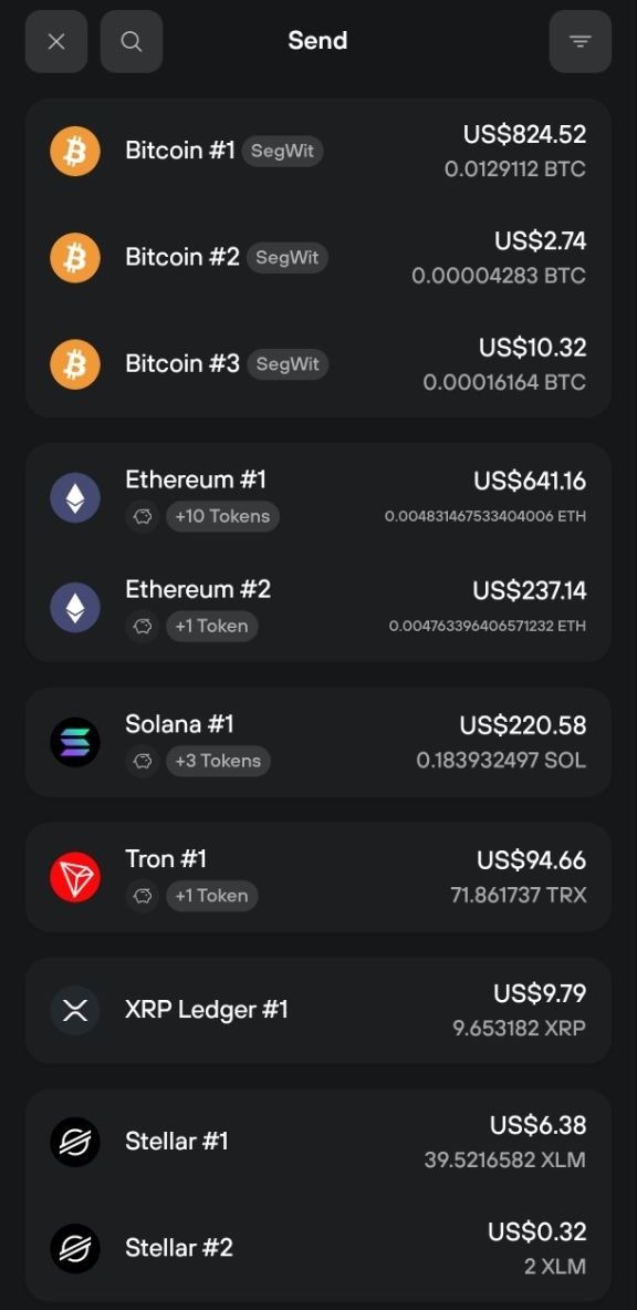 Trezor Suite mobile Send screen lists Bitcoin, Ethereum, Solana, Tron, XRP, and Stellar accounts with balances.