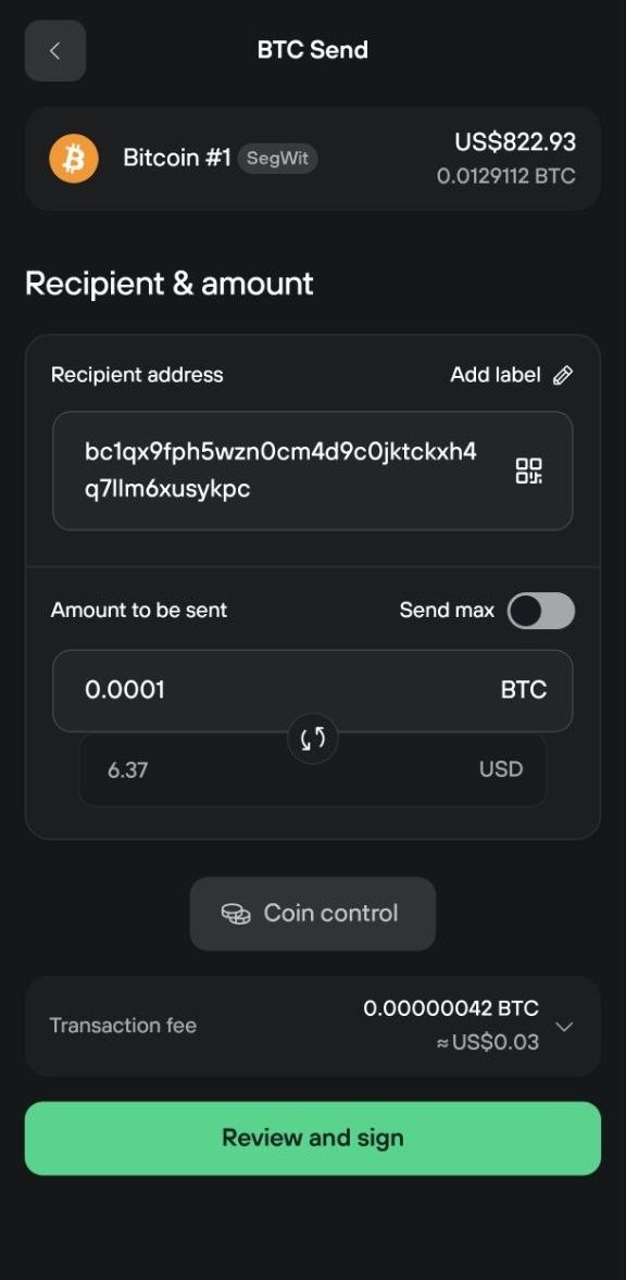 Trezor Suite mobile BTC Send form shows recipient, 0.0001 BTC amount, fee, and Review and sign button.