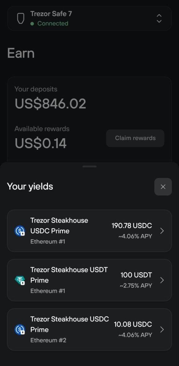 Your yields lists three USDC and USDT Prime positions across Ethereum #1 and Ethereum #2.