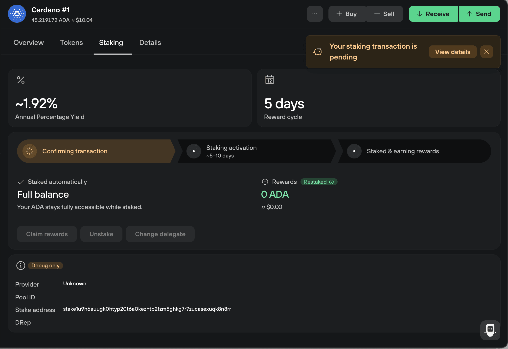 Cardano staking tab in Trezor Suite shows a pending transaction, 1.92% APY, a 5-day reward cycle, and staking activation progress.