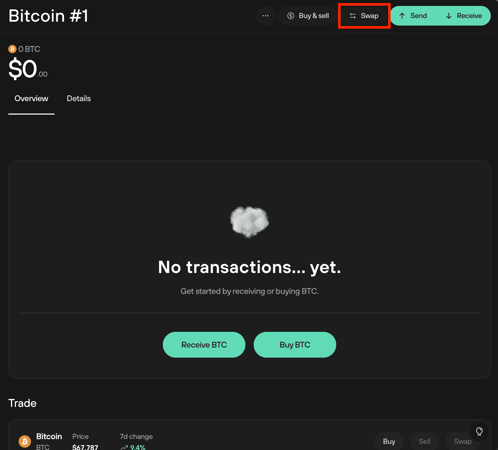 Bitcoin #1 account page with zero BTC and the Swap button highlighted above Receive BTC and Buy BTC.
