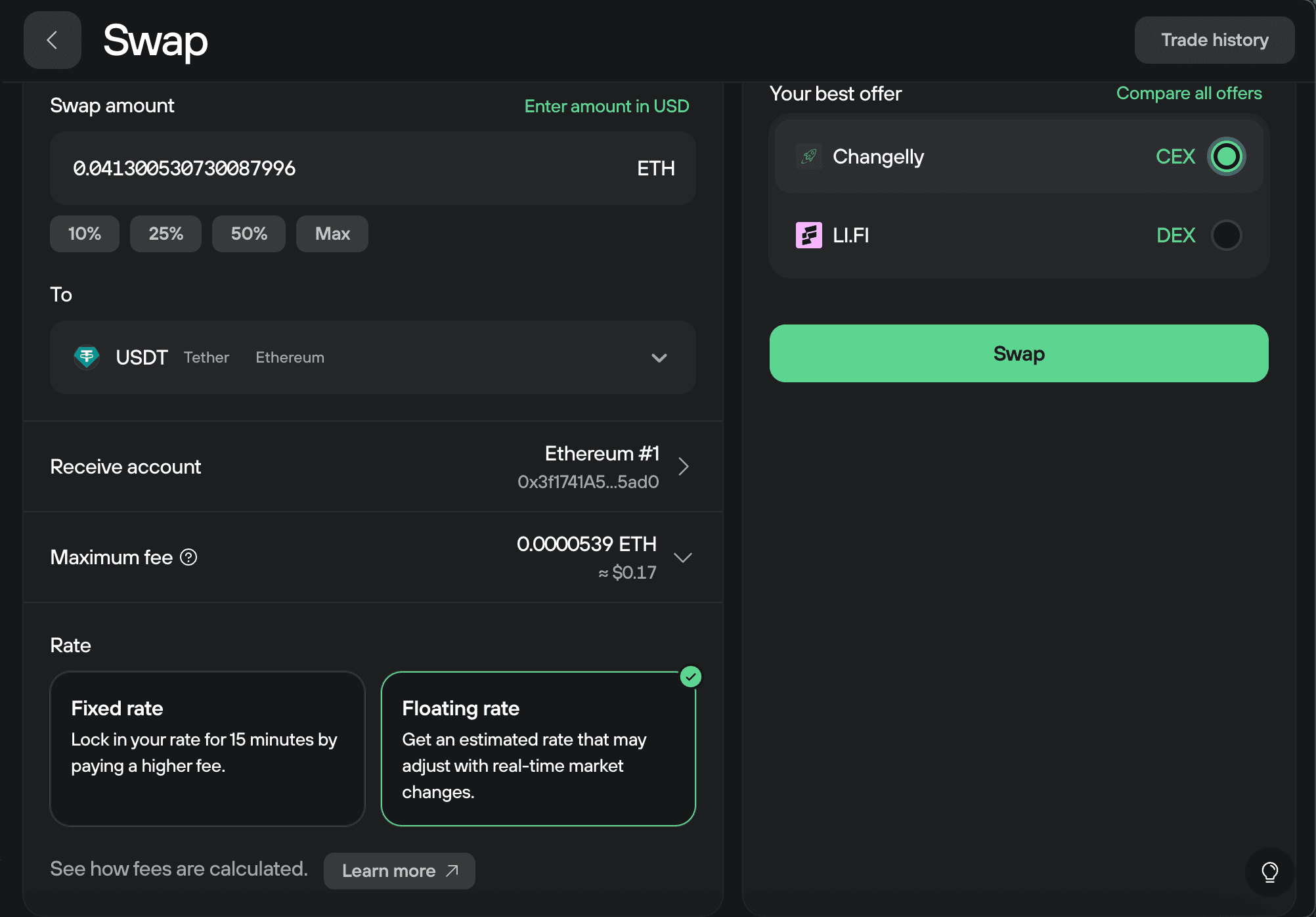 Swap setup form swapping ETH to USDT, ETH amount filled, Ethereum receive account shown, Changelly chosen as best offer.