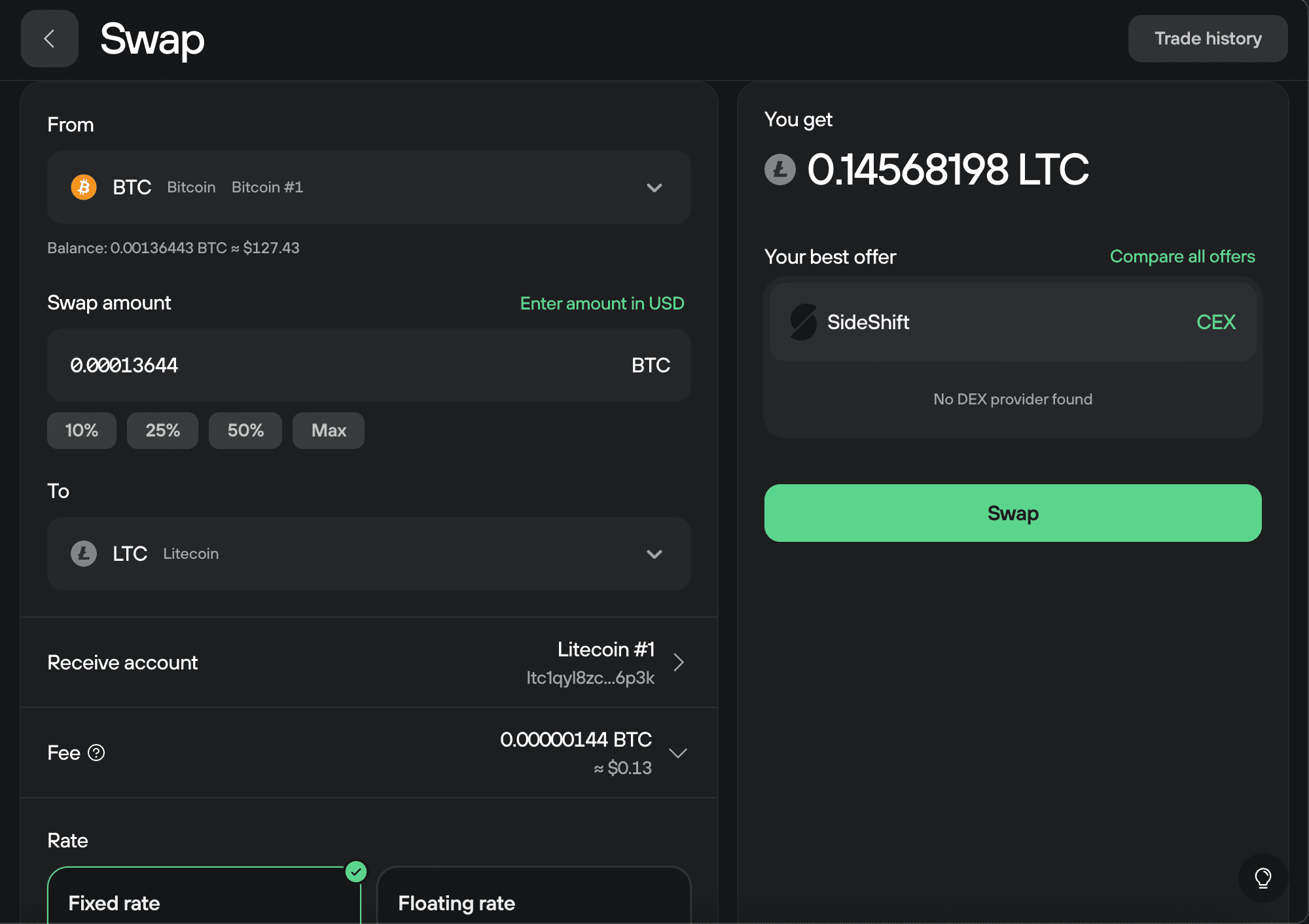 Swap setup form converting 0.00013644 BTC from Bitcoin #1 to LTC, Litecoin #1 receive account, SideShift offer selected.