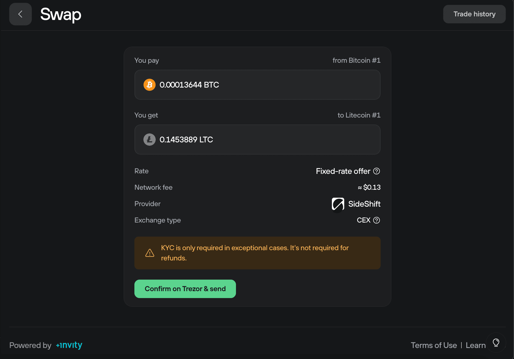 Swap summary for BTC to LTC showing BTC paid, LTC received, SideShift fixed-rate offer, fee, and Confirm on Trezor button.