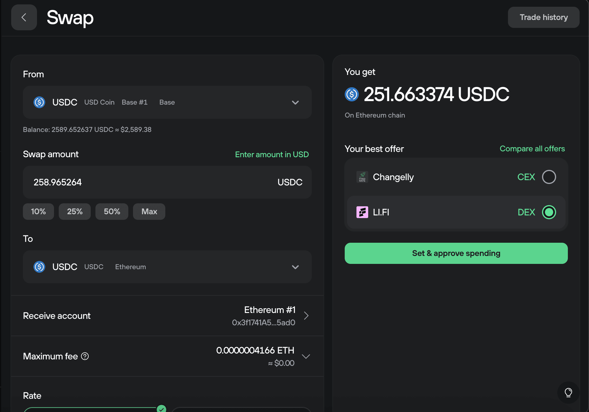 Swap setup form sending 258.965264 USDC from Base to USDC on Ethereum, LI.FI DEX offer selected, approve spending button.