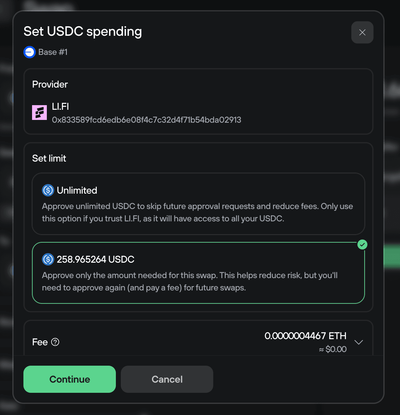 Set USDC spending dialog for LI.FI letting you choose unlimited or exact amount allowance and showing tiny ETH fee.