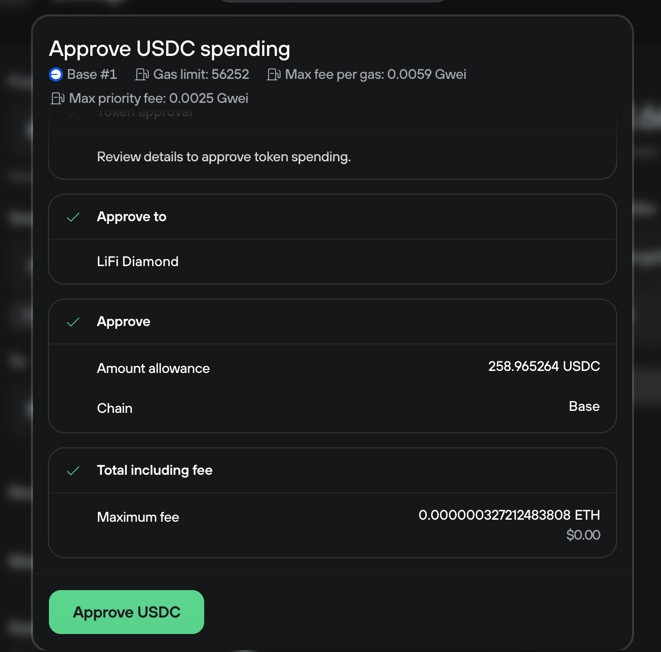 Approve USDC spending confirmation summarizing LI.FI allowance, Base chain, maximum ETH fee, and Approve USDC button.