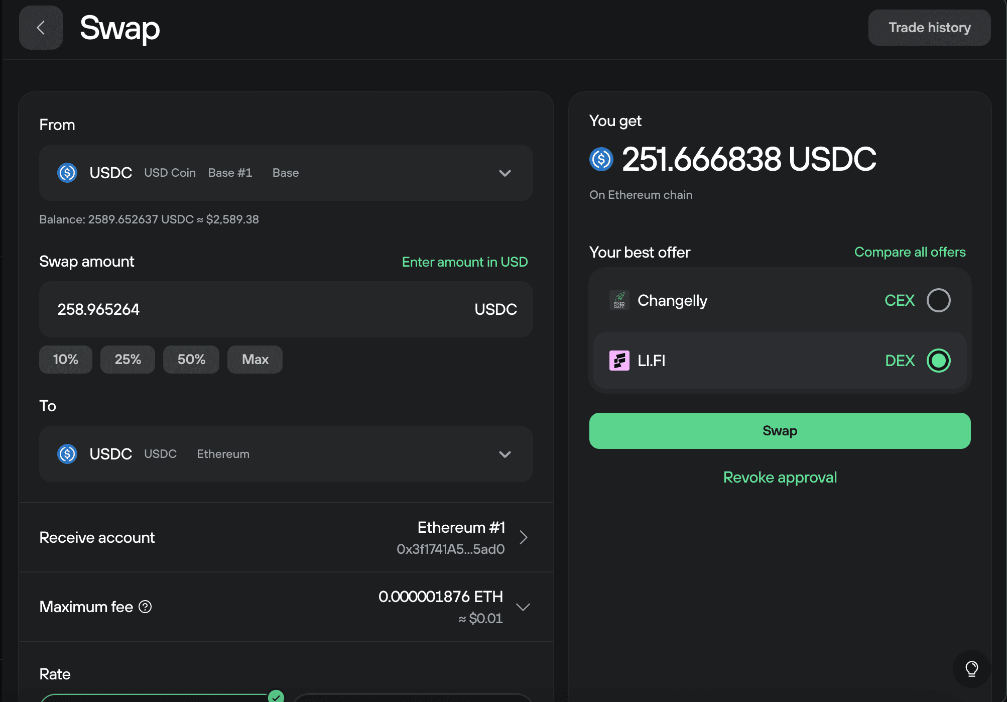 USDC swap screen after approval showing Base to Ethereum swap details, LI.FI selected, Swap button and Revoke approval link.