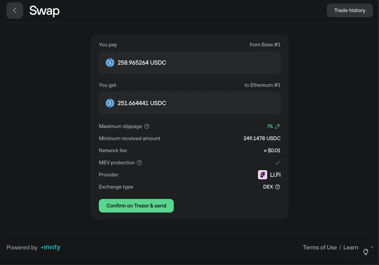 USDC swap summary showing pay USDC on Base, receive slightly less USDC on Ethereum, fees, slippage, and confirm button.