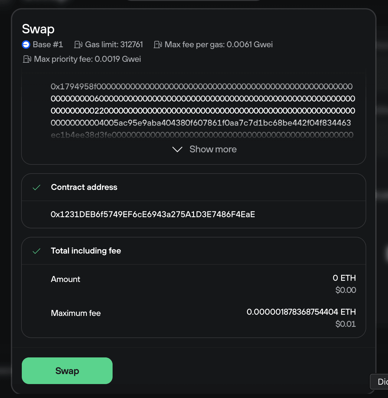 Swap confirmation on Base showing encoded transaction data, LI.FI contract address, maximum ETH fee, and Swap button.