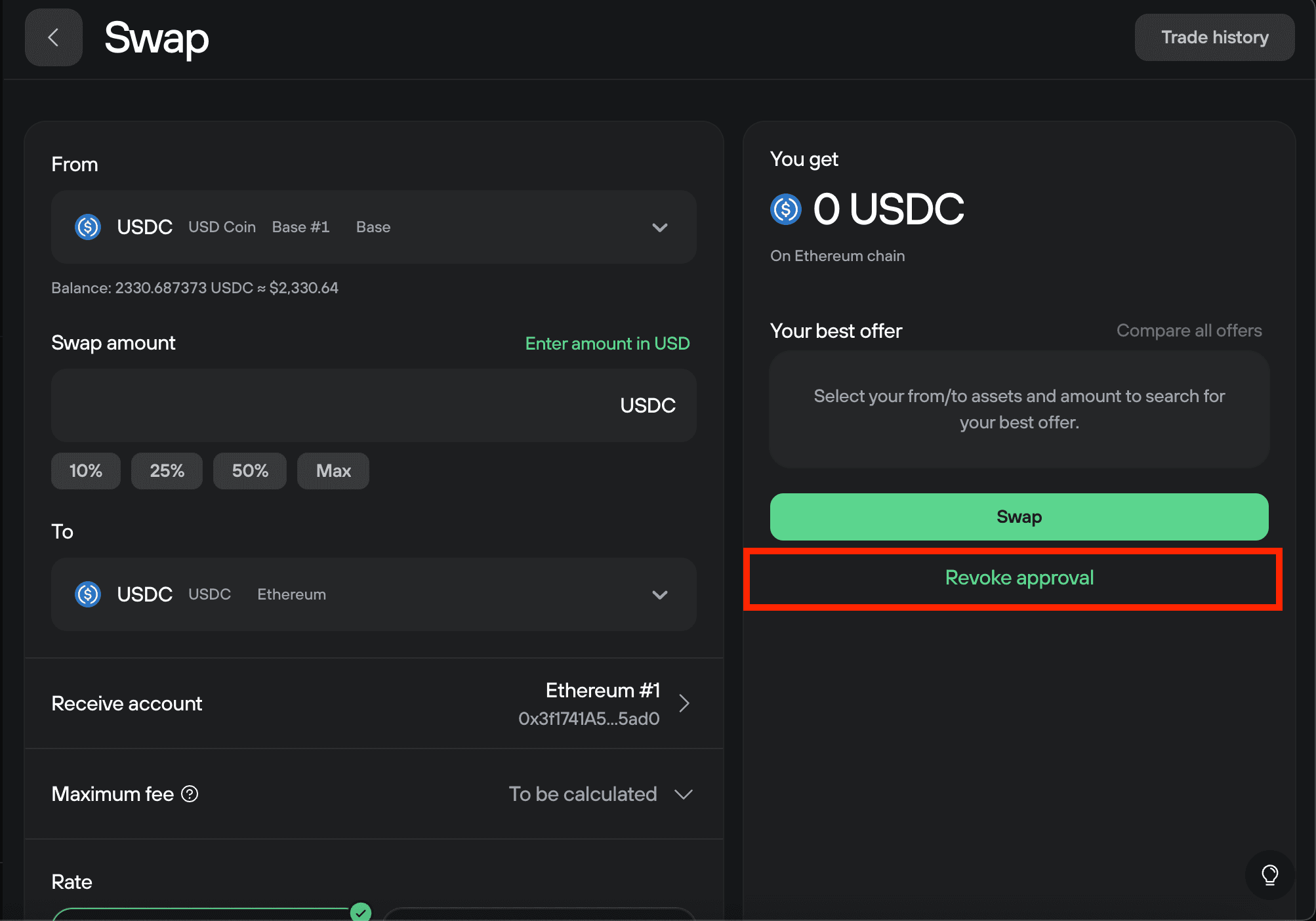USDC swap screen with empty amounts but active Revoke approval option to cancel previous LI.FI spending permission.
