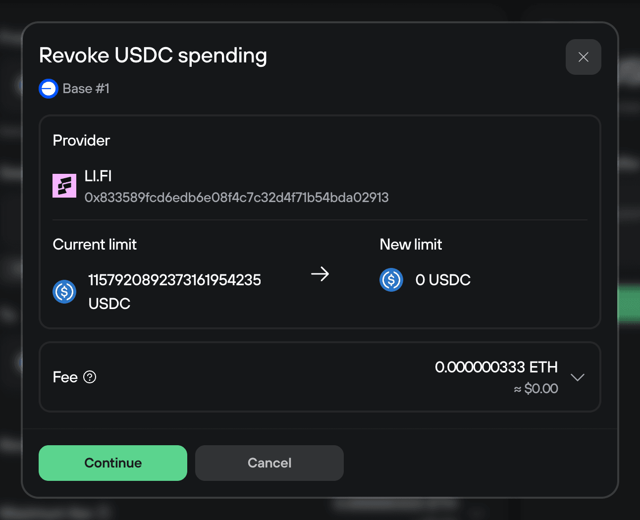 Revoke USDC spending dialog showing LI.FI provider, huge current allowance, new limit 0 USDC, fee, and Continue button.